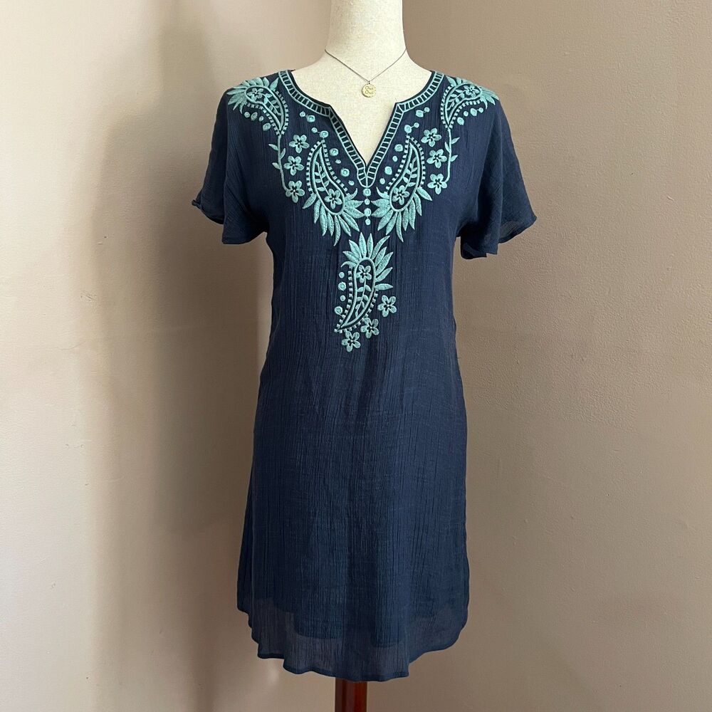 THML Navy Embroidered Shift Dress Flutter Sleeve Boho Resort Vacation Coastal XS
